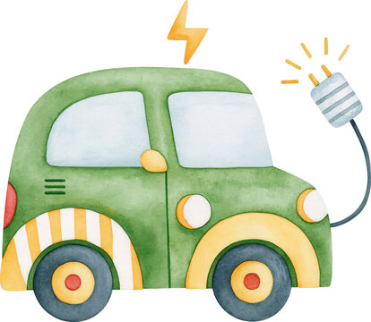 Watercolor green electric car with charging plug isolated on transparent background.