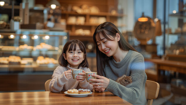 冬のベーカリーカフェで温かい飲み物を楽しむ母娘の笑顔
