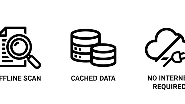 Data management and offline technology icons illustrating offline scan cached data and no internet required with internet connection database document security protection magnifier computer