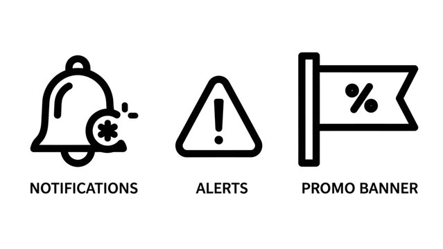 Alerts and notifications concept icons featuring bell notification warning sign and promo banner flag notification attention marketing discount percentage important communication interface