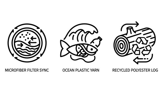 Sustainable environmental icons representing microfiber filter ocean plastic yarn and recycled polyester with sustainability environment recycling pollution polyester conservation management