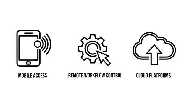 Digital technology and remote connectivity icons featuring mobile access workflow control and cloud platforms technology workflow platform connection internet communication settings computing