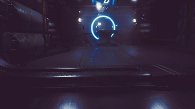 Vibrant metaverse gateway featuring luminous blue ring and soft neon glow, sleek interface panels, streaming data beams and sense of imminent digital transition