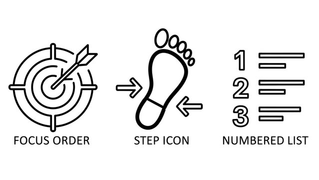 Set of planning and organization icons including focus order target step footprint icon and numbered list footprint numbered planning organization business strategy workflow management