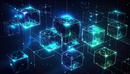 Obraz premium Glowing Blue Cubes in Dark Space.