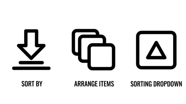 Set of UI icons for sorting and organizing digital items including download file arrangement dropdown menu options organize download interface application navigation software controls