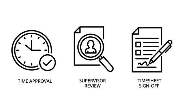 Business process icons depicting time approval supervisor review timesheet sign-off procedures approval supervisor timesheet business management document magnifying contract procedure