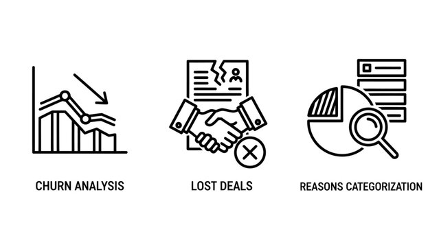 Business data analysis icons representing churn analysis lost deals and categorization with analysis business categorization statistics management reporting strategy performance corporate