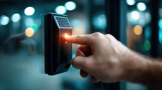 Closeup of finger pressing biometric keycard access reader on office wall for security system background and entrance control design