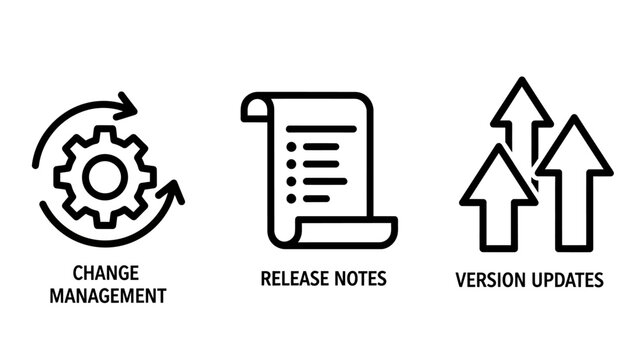 Business process icons set for change management release notes and version updates with management business workflow improvement strategy software development optimization corporate planning