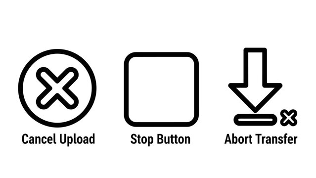 Upload cancellation and file transfer stop control icons with transfer interruption interface software download navigation experience graphics management operation function application