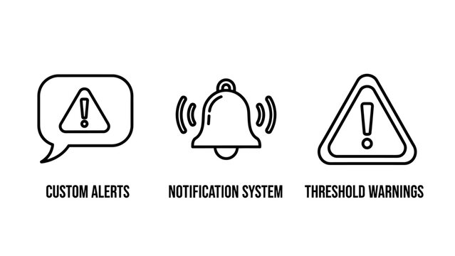 Custom alerts notification system and threshold warnings icon set with notification threshold triangle security communication interface software important critical announcement attention