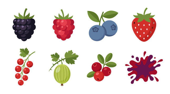 Set of colorful hand drawn berry illustrations including strawberry blueberry and raspberry.