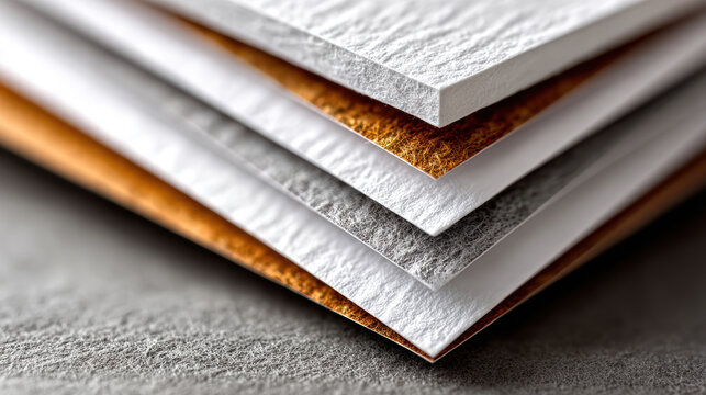 Close-up stack of textured paper edges and core layers for stationery mockup background and premium packaging design presentation