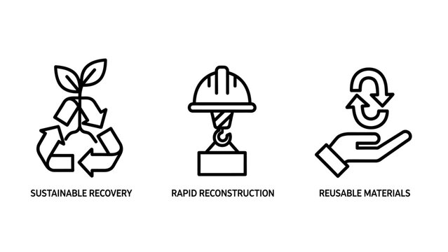 Sustainable development icons depicting sustainable recovery with plant rapid reconstruction with crane reusable materials with recycle hands sustainable recovery reconstruction reusable