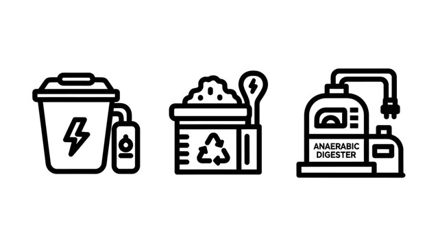 Sustainable energy and waste recycling process icons with recycling sustainability environment digester renewable resource treatment management disposal conversion electricity industry