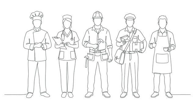 Five workers in different professions standing together.