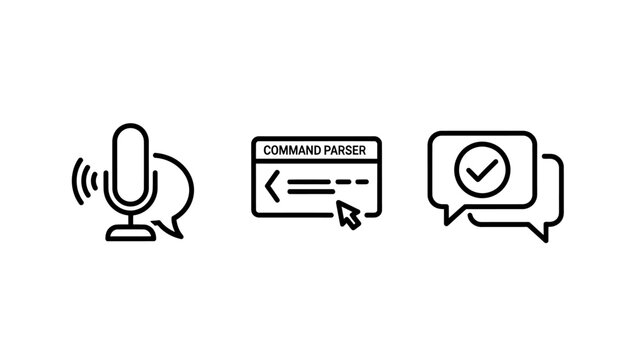 Interactive voice communication and command feedback icons with microphone feedback interaction communication technology interface software dialogue confirmation listening approval response