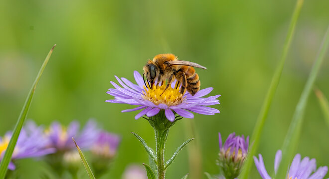 Closeup of a fuzzy bee pollinating a purple aster flower in a green meadow