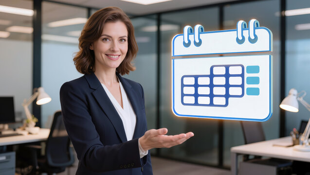 Client appointment calendar with presenter in office for service reservation, availability overview, consultation date, meeting request and schedule update.