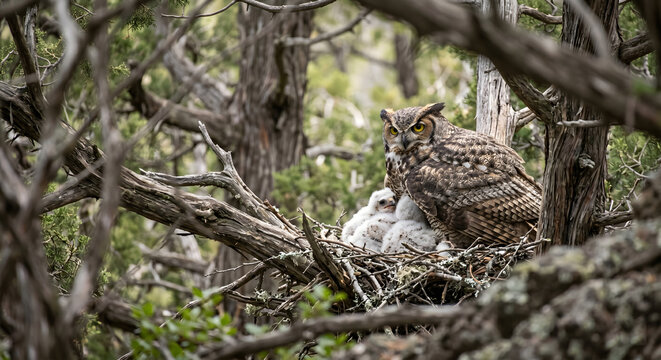Great horned owl mother protecting her fluffy owlets in a nest high in a juniper tree