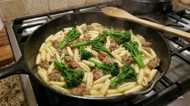 italian sausage cavatelli pasta with fresh broccolini close view rustic plating video