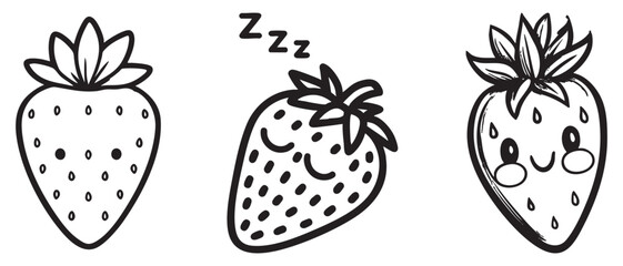 Fototapeta premium Cute Kawaii Strawberry Character Bundle Sleeping Smiling Berry Face Line Art Coloring Page Clipart Set Digital Download