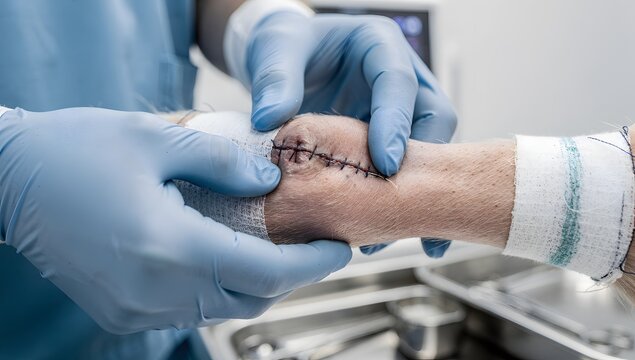 Ultra-realistic close shot of veterinarian hands verifying the result of trauma surgery, animal orthopedic exam, stainless tools, soft shadows, premium clinical realism
