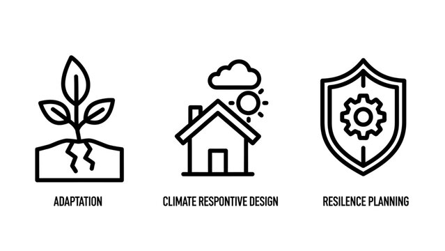 Climate change adaptation and environmental resilience icons with adaptation resilience planning environment sustainability protection development infrastructure security engineering