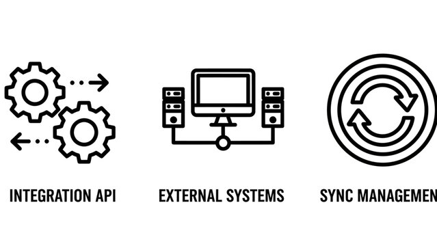 Set of digital business process icons representing integration api external systems sync management with integration management software connection computing technology development interface