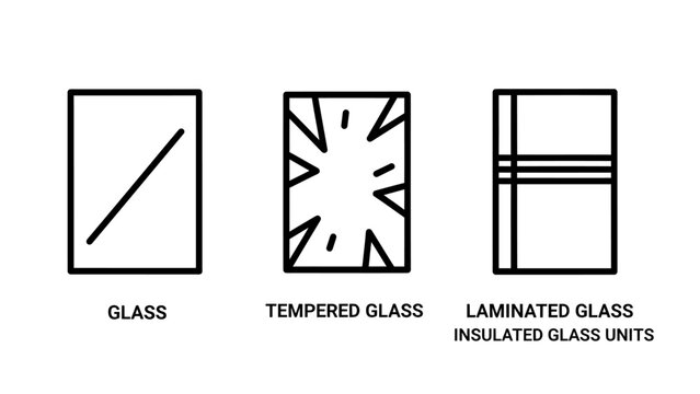 Types of architectural glass icons showing standard tempered laminated units with tempered laminated insulated material architecture construction building structure transparent engineering