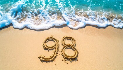 Obraz premium A beach themed copy space background displaying the number 98 drawn in smooth sand, tropical ocean colors, relaxing summer vibe, extensive copy space for marketing content