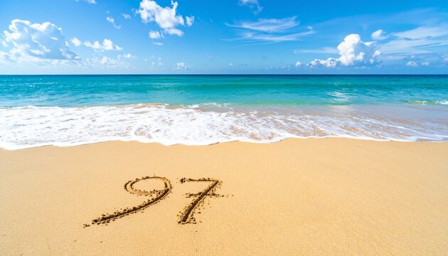 A beach themed copy space background displaying the number 97 drawn in smooth sand, tropical ocean colors, relaxing summer vibe, extensive copy space for marketing content