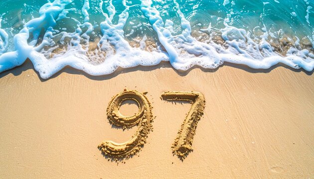 A beach themed copy space background displaying the number 97 drawn in smooth sand, tropical ocean colors, relaxing summer vibe, extensive copy space for marketing content