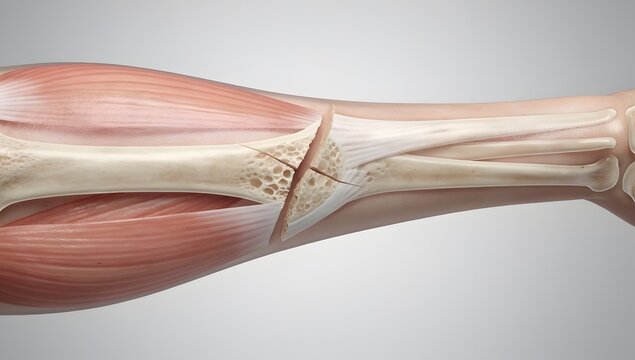 Broken arm bone illustration with fracture gap and swelling detail in black and white diagnostic style