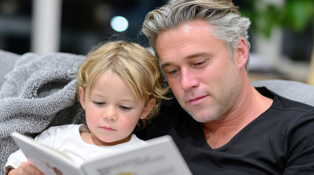 Father reading picture book with young child on sofa in warm bedtime scene for family bonding background and early literacy concept