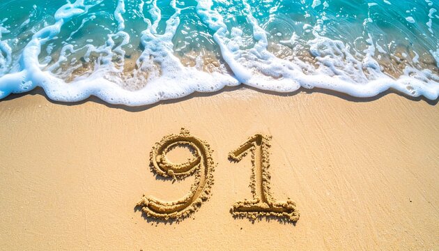 A beach themed copy space background displaying the number 91 drawn in smooth sand, tropical ocean colors, relaxing summer vibe, extensive copy space for marketing content