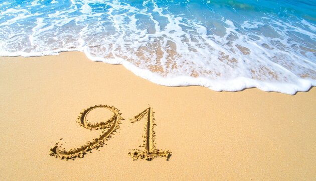 A beach themed copy space background displaying the number 91 drawn in smooth sand, tropical ocean colors, relaxing summer vibe, extensive copy space for marketing content