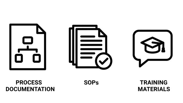 Business process documentation so ps and employee training materials icon set with documentation standard operating procedure training education corporate workflow business management