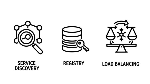 Server infrastructure management and network load balancing icon set with balancing registry discovery database computing technology infrastructure management security connection analysis