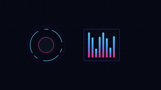 Abstract circular and bar chart interface elements on a dark background