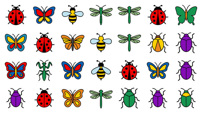 Seamless pattern backdrop grid of vibrant colorful cartoon insect icons including ladybugs, butterflies, bees and mantis.