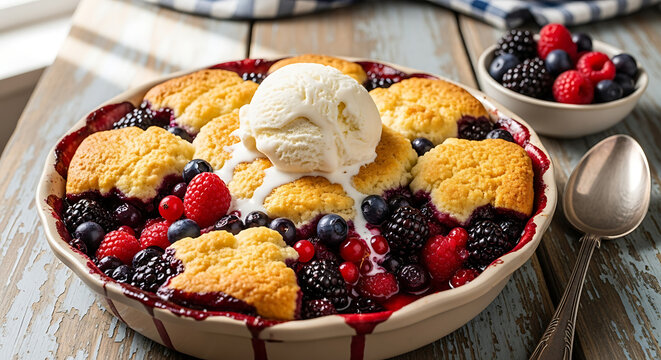 Delicious homemade rustic summer berry cobbler pie with golden flaky crust, bursting with fresh blueberries and strawberries, served warm in a ceramic baking dish, topped with granulated sugar.