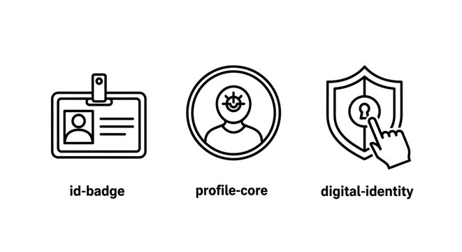 Identity verification and digital security profile icons set with identity security protection verification authentication personal encryption software information biometric recognition