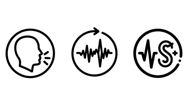 Voice recognition sound wave and signal frequency icons with recognition frequency waveform communication speaking technology analysis detection listening acoustic vibration interface
