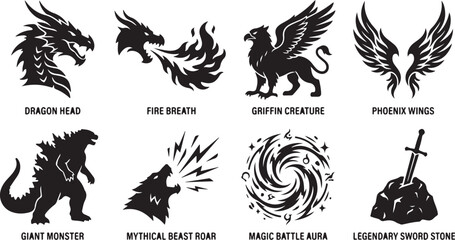 Mythical creatures, fantasy icons, dragon, griffin, phoenix, giant monster, vector set © Nayeem