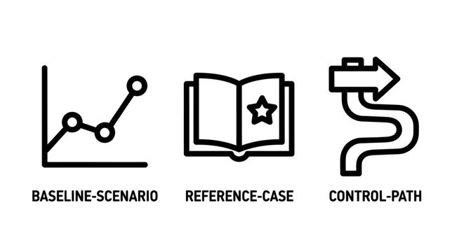 Business data analysis and strategy icons set with baseline reference strategy analysis planning business management corporate performance optimization development direction workflow