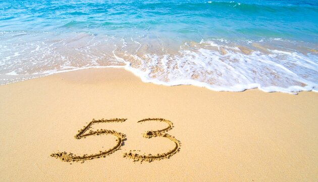 A beach themed copy space background displaying the number 53 drawn in smooth sand, tropical ocean colors, relaxing summer vibe, extensive copy space for marketing content