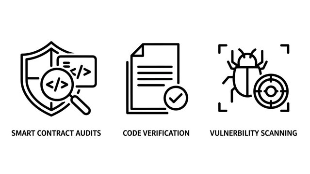 Software security smart contract auditing and vulnerability scanning icons with contract verification vulnerability scanning security software cybersecurity protection detection debugging