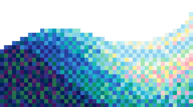 Geometric pixel art background texture with multicolored squares forming an abstract wave pattern over white.